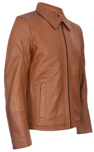 Chaqueta de Cuero Genuino Marrón para Hombre, con Relieve, Acolchada, Cuello Alto, Cierre de Cremallera, Manga Regular, Color Sólido, para Otoño - Product Image 4