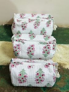100% Pure Cotton Quilted Toiletry Bag Block Print Eco-friendly Bohemian Floral Zipper Travel for Pouch Vintage Cosmetic Bag - Product Image 1