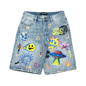Shorts Bermuda en jean pour homme Vicious avec appliques de dessins animés, style urbain, taille mi-haute, fermeture boutonnée, séchage rapide, personnalisable - Product Image 1