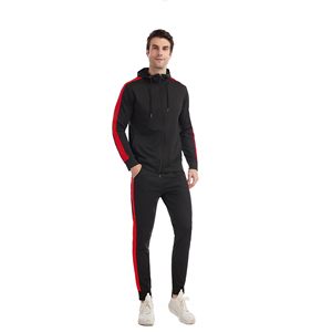 Conjunto Deportivo Informal para Hombre, Sudadera con Capucha y Bloques de Color Negro y Rojo, Pantalones Jogger con Cierre Completo, Ropa de Otoño - Product Image 1
