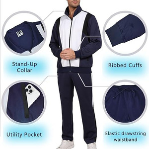 Ensemble de jogging d'hiver décontracté pour hommes |   Ensemble deux pièces bleu marine avec veste à empiècements blancs audacieux et pantalon rayé, respirant et léger - Product Image 4