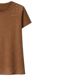 Camiseta de Algodón para Mujer, Color Marrón, con Pedrería Minimalista, Estilo Casual, Manga Corta, Top de Moda, Logotipo Personalizado, Ropa de Verano, Fabricante - Product Image 4