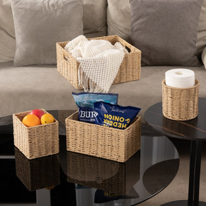 Woven Rattan Storage <b>Baskets</b> Set of 4 Rectangle Rustic Handmade <b>Basket</b> for Living Room Neatening Storage - Product Image 3