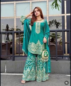 Traje Salwar de Algodón Bordado Verde Esmeralda con Dupatta, Corte Holgado, Ropa Tradicional India y Pakistaní para Mujer, Largo hasta el Tobillo - Product Image 6