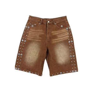 Shorts en jean larges pour homme personnalisés, ornés de lettres en strass, coupe ample, style vintage streetwear, pour l'été - Product Image 6