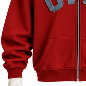 <b>Red</b> Mens Zip Up <b>Hoodie</b> Heavyweight Fleece Chenille Letter Applique Oversized Casual Streetwear Sweatshirt with Kangaroo Pockets - Product Image 5