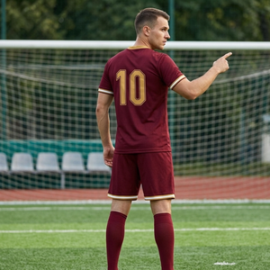 Elegant Maroon Football Uniform Gold Accents | Sleek Classic Tricolor Athletic Set | Breathable 100% Polyester Quick Dry Soccer - Product Image 4