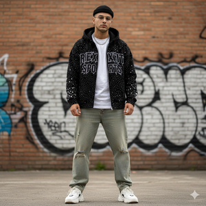 Nouvel arrivage : Sweat à capuche zippé 500 GSM, effet délavé soleil, logo personnalisé, broderie vieillie, streetwear, strass sur toute la surface - Product Image 2