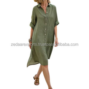 Vestido camisero de lino ligero para mujer, informal, de manga larga, para vacaciones de verano, ropa informal con abertura lateral, ropa informal sólida Natural - Product Image 6