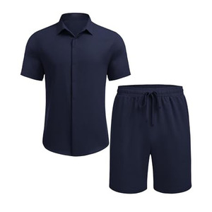 Men's Plus Size Navy Blue Short Sleeve Shirt Shorts <b>Set</b> Solid Color Casual Summer Wear <b>Knitted</b> Polyester Fabric - Product Image 5