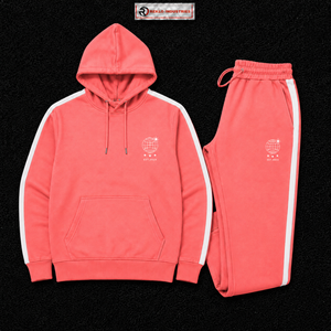 Conjunto Deportivo para Hombre Color Rosa Coral, Sudadera con Capucha y Pantalones Jogger con Logotipo Personalizado, Franja Lateral Blanca, Ropa Deportiva de Calle, Venta al Por Mayor - Product Image 5