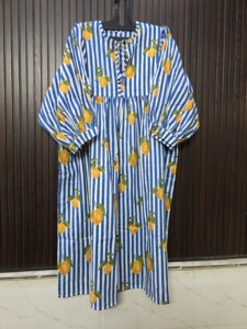 Blue White Striped <b>Lemon</b> Print Cotton Full Sleeve Floor-Length <b>Dress</b> Empire Waist A-Line Romantic Club <b>Dress</b> Adult Style - Product Image 3