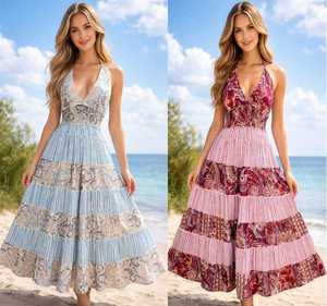 Robe longue en viscose et soie de luxe pour femmes, décontractée, élégante, col en V, manches longues, été, plage, fête, robes fluides pour femmes - Product Image 1