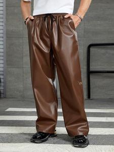 Pantalones Anchos de Cuero PU Marrón para Hombre, Cintura Elástica con Cordón, Estilo Casual para Otoño, con Bolsillos Laterales - Product Image 3