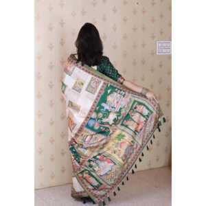 Sari en soie Tussar verte Elite Weaves avec imprimé Kalamkari audacieux et bordure tissée Zari – Vêtements indiens et pakistanais - Product Image 5