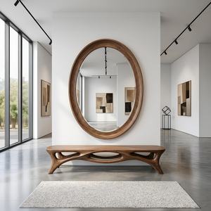 Miroir mural ovale de luxe en bois massif, miroir de salle de bain en noyer à cadre profond, miroir d'appoint élégant à cadre vertical en bois, article HD - Product Image 4