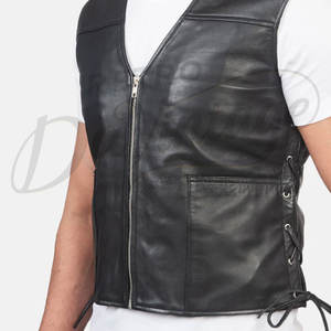 Chaleco de cuero genuino negro para hombre, con cordones laterales, sin mangas, corte ajustado, cuello en V, cremallera frontal, estilo casual, tipo motero. - Product Image 2