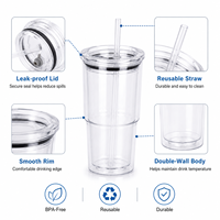Gobelet isotherme transparent en plastique de 20 oz avec couvercle et paille, sans BPA, double paroi en PC, en stock, cadeau promotionnel, emballage carton