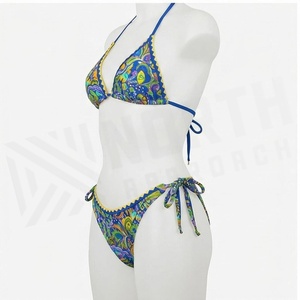 Women's 2 Piece <b>Bikini</b> <b>Set</b> Paisley Print Halter Top Tie Side Bottoms Stretch Swimwear <b>Blue</b> Multicolor Patterned Beachwear - Product Image 4