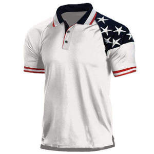 Polo homme noir et blanc à imprimé drapeau américain, manches courtes, respirant, décontracté pour l'été, avec drapeau américain sur la manche - Product Image 4