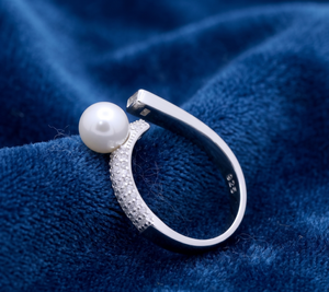 Anillo de Compromiso y Boda con Perla de Agua Dulce de Patrón Único, Circonita Cúbica, Plata de Ley 925, Engaste Clásico con Puntas, Certificado GIA - Product Image 6