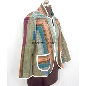 Indian Bohemian <b>Kantha</b> Vintage Breathable Eco-Friendly Knitted Cotton Regular Length Ladies Autumn Winter <b>Jacket</b> - Product Image 3
