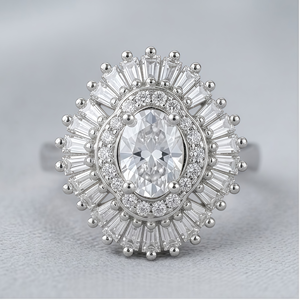 Anillo de compromiso vintage de latón con baño de rodio, incrustaciones de circonita halo y circonitas redondas de talla brillante engastadas en pavé, joyería unisex, regalo de boda - Product Image 1