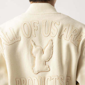 Custom OEM Off-White Tone-on-Tone Patchwork Cropped Varsity <b>Jacket</b> Heavyweight Wool Blend Men Streetwear <b>Letterman</b> <b>Jacket</b> - Product Image 6