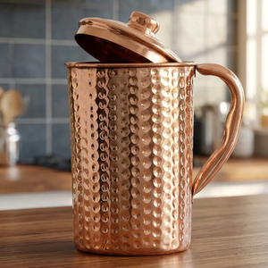 Carafe à eau en cuivre pur martelé, pichet artisanal en cuivre pour le stockage de l'eau, service de boissons ayurvédiques, vaisselle de cuisine, bouilloires décoratives - Product Image 6