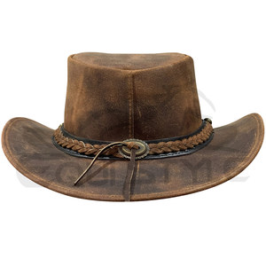 Vintage Brown Leather Cowboy <b>Hat</b> Wholesale Dual Style <b>Band</b> Plain Front Braided Back Unisex Fashion Rustic Western <b>Hats</b> - Product Image 4