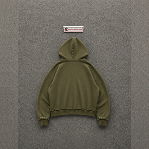 Olive Oversized Zip Up Hoodie Vintage Washed Heavyweight Cotton Streetwear Unisex Relaxed Fit Casual Distressed Pocket Design - Product Image 6
