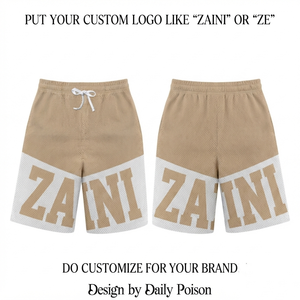 Shorts en maille polyester premium 220 GSM, beige et blanc avec empiècements contrastants, logo personnalisé par sublimation, OEM. - Product Image 1