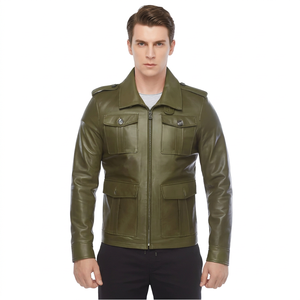 Veste en cuir verte pour homme avec fermeture éclair, col rabattable, épaulettes, style workwear, coupe classique, pour l'automne - Product Image 5