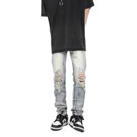 Jean en denim premium pour homme, taille mi-haute, coupe droite, en coton écologique, style streetwear, brodé, délavé clair, effet usé, pour l'été et le printemps
