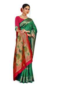 Fancy Stylish Soft Green Silk Saree with Peacock Embroidery <b>Red</b> Border and <b>Blouse</b> Piece for Wedding Party Festival Wear - Product Image 4