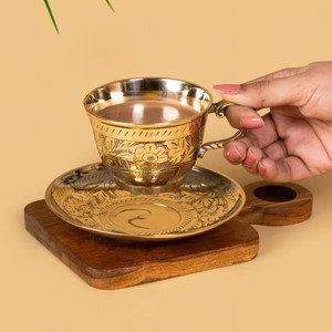 Vintage Brass Tea <b>Cup</b> and <b>Saucer</b> Set Carved Round Handmade Tea Service for Home Gift - Product Image 2