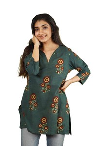 Kurta Informal Moderna de Verano para Mujer, Estampado Floral Verde, Algodón, Corte Regular, Estilo Étnico de India y Pakistán, Secado Rápido, Protección Solar - Product Image 4