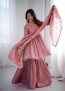 Ensemble Sharara traditionnel indien Mal Chanderi avec détails en miroir véritable - Product Image 2