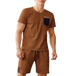 Ensemble été classique marron style poche Meyba Sports pour homme, t-shirt en coton slim fit et short cargo assorti, tenue décontractée - Product Image 4