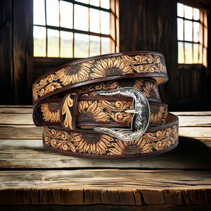 Cinturón occidental tradicional de vaquero Cuero genuino de grano completo con diseño de girasol Estilo vintage mecanizado a mano para hebilla Western We - Product Image 1