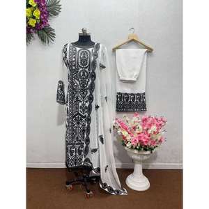 DISEÑADOR GEORGETET PUNTADA DE CADENA TRABAJO FONDO SUPERIOR CON DUPATTA BLANCO - Product Image 1