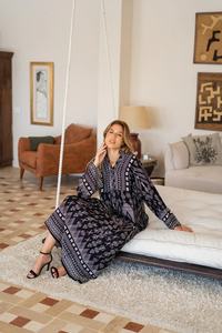 ชุดเดรสคาฟตันผ้าฝ้ายแขนบานพิมพ์ลายสีดำสำหรับผู้หญิง - Product Image 5