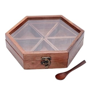 Six Blends Eco-Friendly American Style Multifunction Spice Box Set with Sheesham Wood Containers & Spoon <b>for</b> <b>Kitchen</b> Masala - Product Image 1