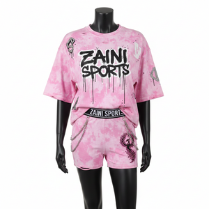 2026 New Women Premium Cotton Terry T Shirt Booty Short <b>Set</b> 240 GSM Soft <b>Tie</b> Dye Fabric Custom Puff Print Logo Women's <b>Sets</b> - Product Image 1