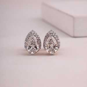 Luxury VVS1 1CT Each Pear Cut Moissanite Stud Halo Earrings Rhodium Plated With 925 Silver <b>Gift</b> <b>For</b> <b>Friend</b> <b>Birthday</b> Party - Product Image 1