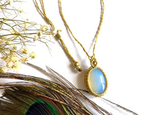 Handmade Macrame Blue Opal and Freshwater Pearl <b>Necklace</b> Oval Pendant Gold Cord Boho <b>Statement</b> Healing Jewelry Wholesale Gift - Product Image 2