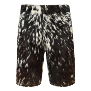 Shorts de motard personnalisés pour hommes en cuir de vachette à poils marron et blanc moucheté, multi-poches, marque privée, fabricant OEM en gros - Product Image 1