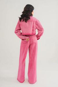 <b>Pink</b> Washed <b>Denim</b> <b>Jumpsuit</b> Women Long Sleeve Button Front Casual Wide Leg Outfit for Autumn Winter - Product Image 3