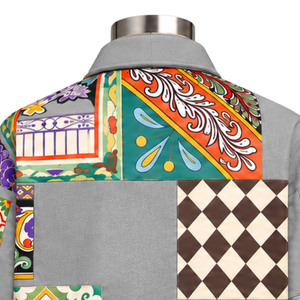 Chaqueta de Trabajo Personalizada con Mosaico Gris, Estampado Floral Artístico y Colorido, Cierre de Botones, Estilo Casual Urbano con Bolsillos Utilitarios - Product Image 4