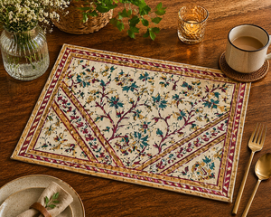 Beige Floral Hand Block Print Table Mat Set Pure Cotton Placemats Export Quality Washable Dining Decor Handmade Masterpiece Set - Product Image 1